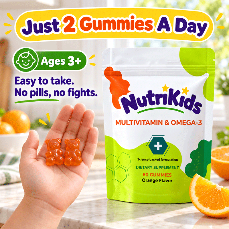 Two orange NutriKids gummy bears in a child's hand beside the pouch. Just two gummies a day, ages three and up.